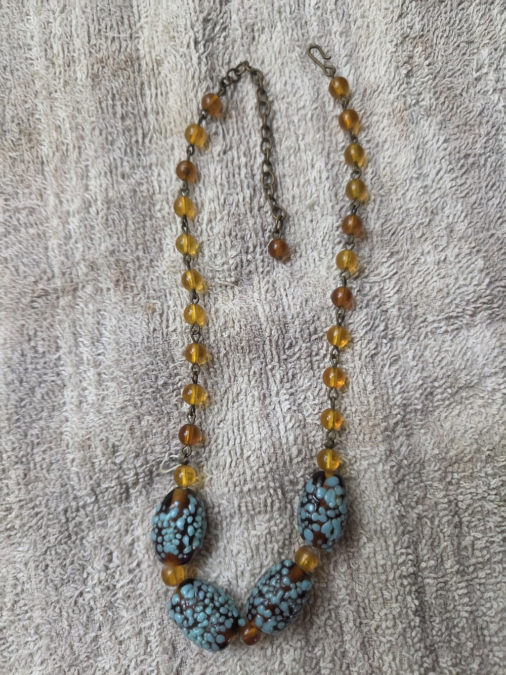 Vintage Amber And Turquoise Color Glass Bead Necklace